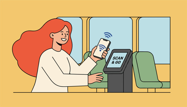 Smiling young woman with long red hair scanning her mobile phone at a modern transit validator terminal for a contact-free bus ride.
