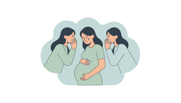 Distressed pregnant woman stands crying while being the subject of gossip and whispers from two judgmental colleagues.