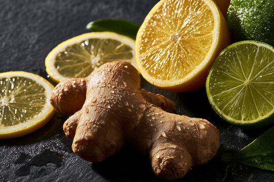 Fresh ginger root with lemon and lime slices on dark background