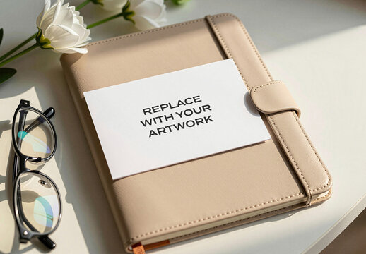 Business card mockup with white placed on a beige leather notebook surface, accompanied by glasses and flowers, flat lay stationery presentation, template