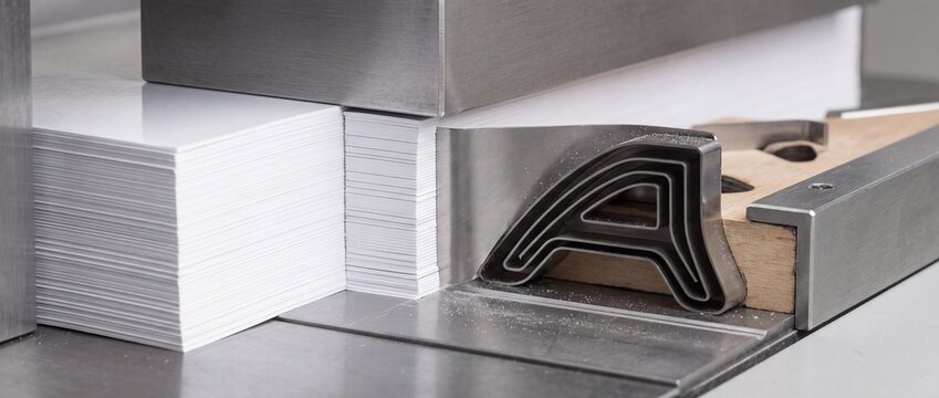 Industrial paper cutting machine uses sharp steel blade to trim thick stack of white stationery cards for precise finished product edges