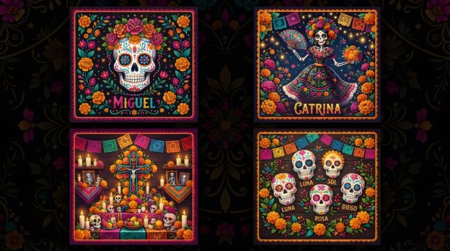 Day of the dead ornate sugar skulls and traditional altar artwork with skeleton