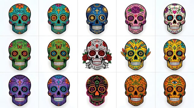 Grid of colorful decorated sugar skulls for day of the dead celebration
