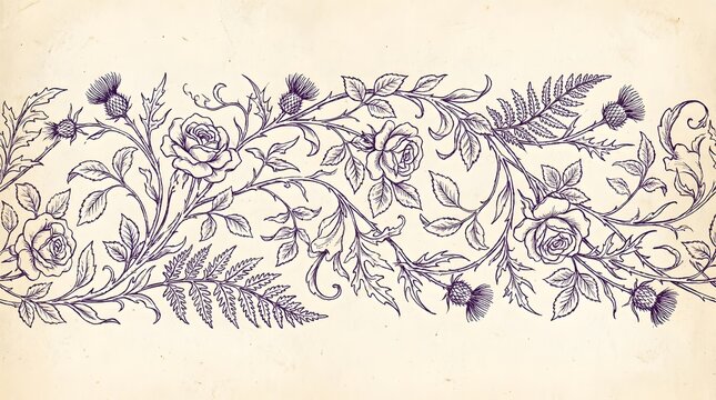 Vintage floral border illustration with roses and thistles in purple ink on aged parchment.