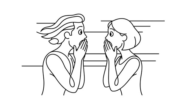 Simple line art illustration of two women looking shocked and covering their mouths with their hands in surprise.