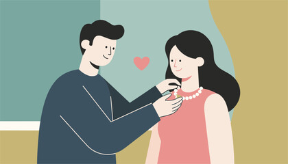 Fototapeta premium Romantic partner gently puts a beautiful pearl necklace on his smiling girlfriend to celebrate their relationship.