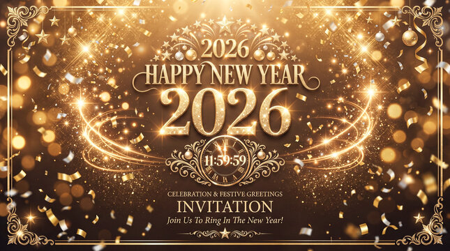 Elegante celebraci&oacute;n de A&ntilde;o Nuevo 2026 con n&uacute;meros dorados brillantes, reloj de cuenta regresiva, champ&aacute;n y fuegos artificiales.