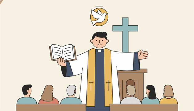 Catholic priest preaching gospel from pulpit holding open holy Bible to christian congregation in church illustration.