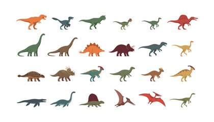 Flat Design Dinosaur Vector Icon Set Featuring Various Prehistoric Creatures Reptiles and Extinct Animals for Educational Books Kids Graphics and Educational Materials © sunjida