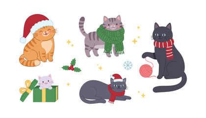 Fototapeta premium Christmas Cat Vector Character Set Featuring Cute Kittens Wearing Santa Hats and Winter Scarves with Gift Boxes and Yarn Holiday Element Illustrations