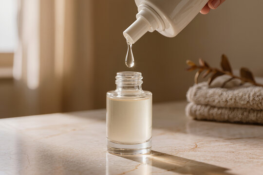 Refillable glass serum bottle with liquid drop on natural stone countertop, clean beauty and sustainable cosmetic packaging concept