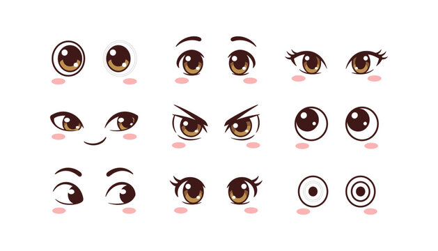 Anime Eyes Icon Set with Various Cute Manga Expression Symbols for Character Design, Comic Illustrations, Avatar Creation, Graphic Novels, and Digital Art Elements