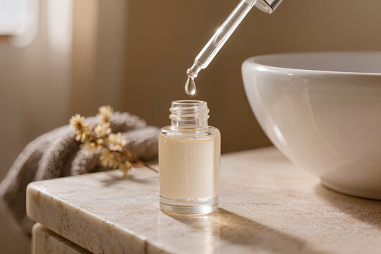 : Refillable glass serum bottle with liquid drop on natural stone countertop, clean beauty and sustainable cosmetic packaging concept
