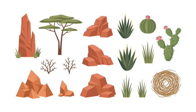 Desert Landscape Vector Element Set Featuring Cactus Plants Acacia Tree Red Sandstone Rocks Succulents Agave and Tumbleweed for Nature Environment Wildlife Background Designs