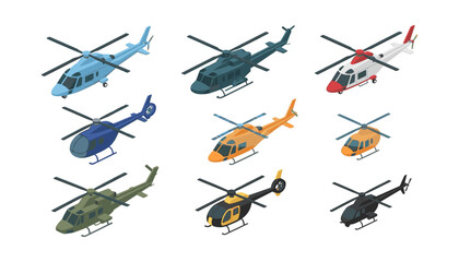 Isometric Helicopter Vector Icon Set Featuring Various Civil, Military, Transport, and Rescue Choppers for Aviation, Navigation, and Transportation Graphic Designs © sunjida