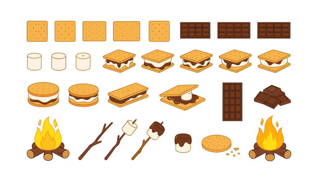 Camping Smores and Bonfire Vector Icon Set Featuring Graham Crackers, Marshmallows, Chocolate Bars, and Roasting Sticks for Outdoor Summer Food Graphics