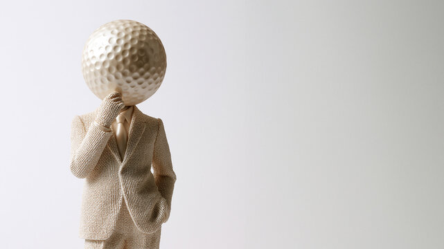 Kreative Figur mit Golfball als Kopf im beigen Anzug, minimalistischer Hintergrund, humorvolles Konzept f&uuml;r Golf und Business.