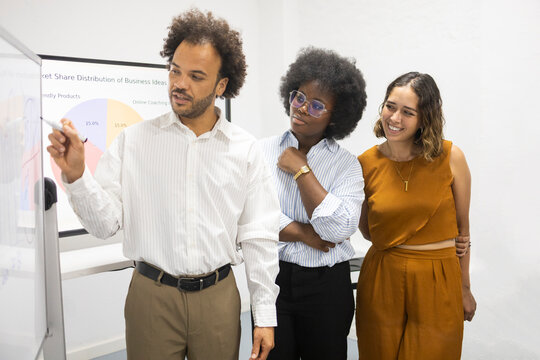 Diverse team discuss business ideas at office whiteboard