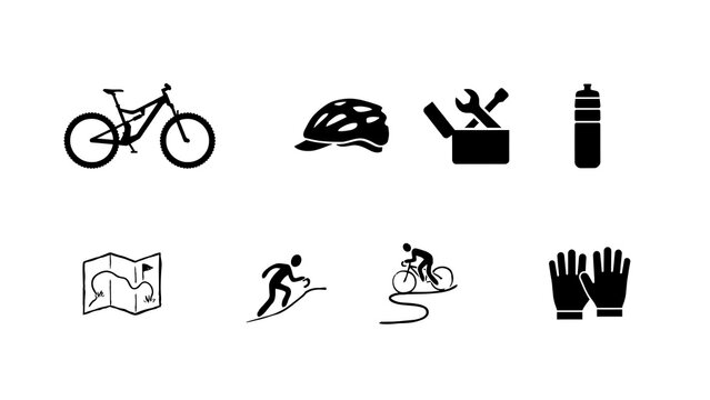 Bike Riding Sport Equipment Icon Set. Mountain Bicycle, Helmet, Gloves Icon. Maintenance Tools, Water Bottle, Map Graphic Elements for Web Design