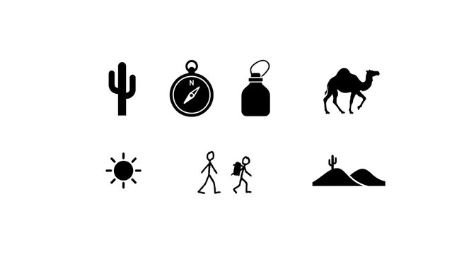 Contemporary Desert Safari Adventure Icon Set. Cactus, Compass, Water Bottle, Camel, Hiker Silhouettes. Symbol Collection. Black Vector Web Logo Interface Design UI. Tropical Wild Landscape