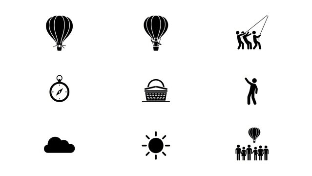 Hot Air Balloon Team Building Icons. Silhouette pictograms, group cohesion symbols. Weather signs, compass navigation, basket. Black vector set for adventure events.