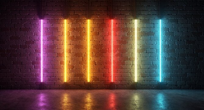 Neon lights on brick wall background, colorful glowing tubes in dark room
