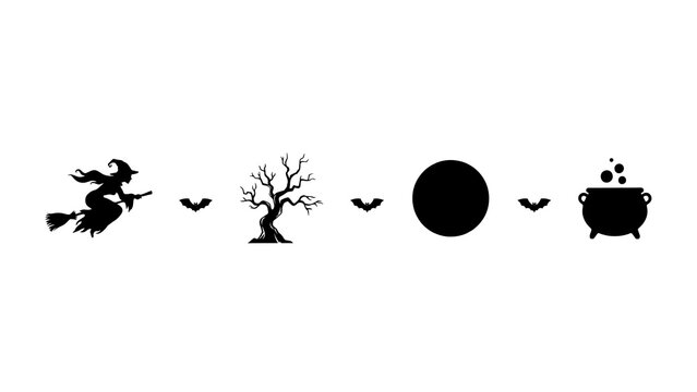 Halloween vector icons set featuring black witch flying on broomstick, spooky bare tree, full moon, bats, and magic cauldron. Flat design symbols on white.