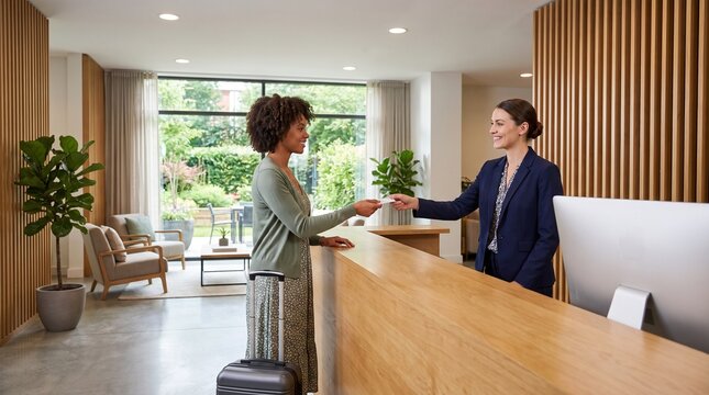 Friendly Hotel Receptionist Assisting Guest at Modern Lobby Reception