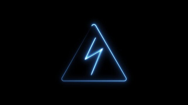 Bright blue neon glowing warning triangle symbol with a lightning bolt indicating high voltage danger and caution