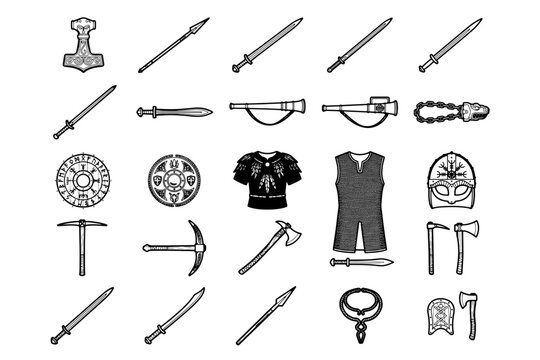 A collection of Viking warrior artifacts, including weapons, armor, and a Thor hammer symbol, presented in a graphic illustration style.