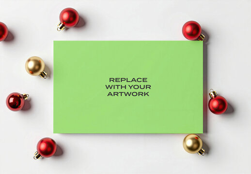Rectangular card mockup with red and gold Christmas ornaments arranged around it on a white surface, flat lay stationery presentation placeholder text for artwork, holiday branding template