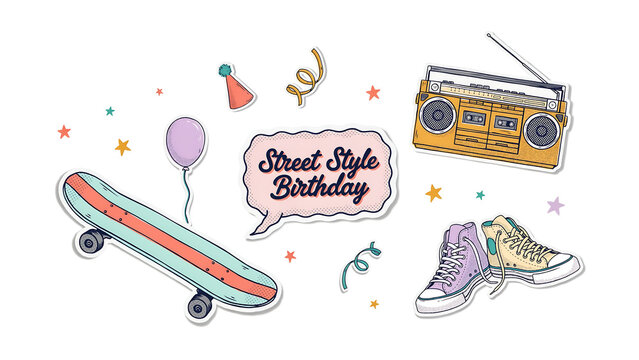 Street Style Birthday Collection Set with Skateboard, Retro Boombox, Sneakers, Balloon and Party Text Elements in Pastel Hand Drawn Clipart, Vector Illustrations