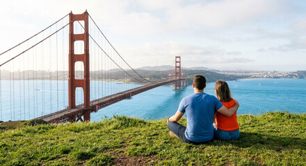 Fototapeta premium Couple Enjoying Scenic View of Golden Gate Bridge in San Francisco from Marin Headlands