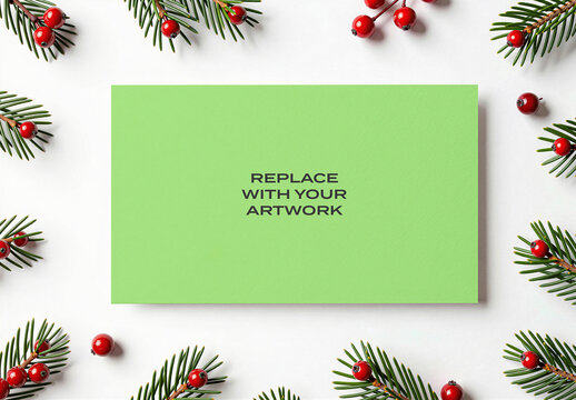 Rectangular card mockup with placeholder text surrounded by pine branches and red berries on a white surface, stationery branding presentation, holiday design template