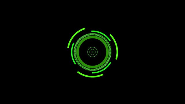 Futuristic green sci-fi hud circle target rotating animation on black background seamless loop of a head-up display circular on a screen rotation technology motion interface cyber