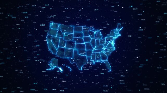 Glowing digital USA map state borders, floating numbers data 19 background. AI analytics, business intelligence, national statistics, market research, economy, finance geographic visualization