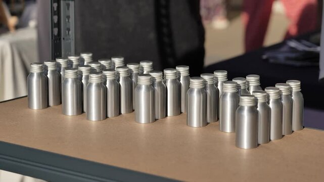 Many aluminum bottles on a retail display shelf showcasing sustainable packaging