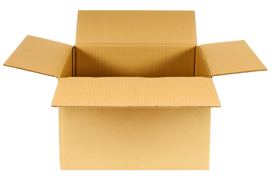 Empty open brown cardboard box isolated on a clean white background. Realistic paper carton container vector illustration mockup for delivery, shipping, packaging, logistics, storage, or moving house 