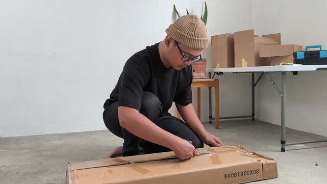 Asian Man using scissors to open cardboard package for DIY furniture, unboxing products, flat-pack furniture assembly, home improvement, parcel delivery satisfaction, and moving into a new home.
