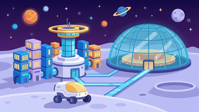 Futuristic Space Base with Dome and Rover on Alien Planet.