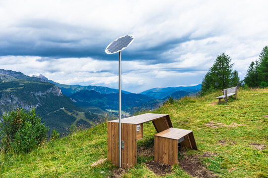 Solar-powered workspace overlooking the dolomites in italy