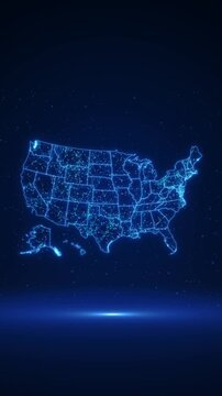 Connected USA map visualizes nationwide web of digital links, nodes state boundaries in luminous blue. cloud services, AI networks, smart infrastructure, supply chains, cybersecurity data connectivity