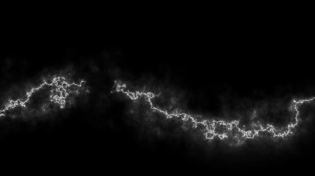 White electric lightning energy wave with smoky particle cloud on black background, abstract motion effect