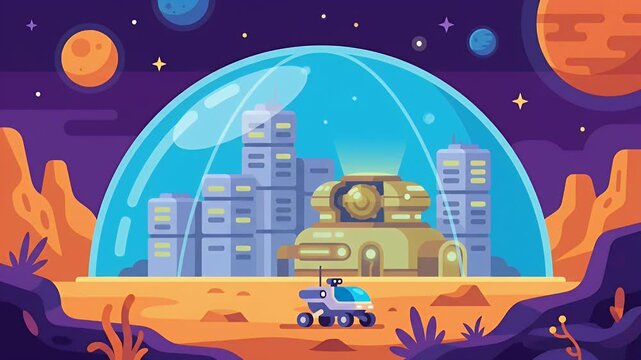 Futuristic Mars colony under a protective dome with advanced technology.