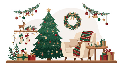 Fototapeta premium Cozy Christmas living room interior with decorated tree.