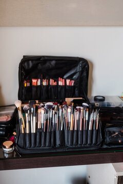 Bridal makeup brush kit prepared for wedding celebration