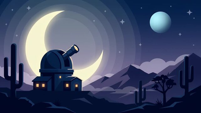 Observatory under a starry night sky with planets and moon.