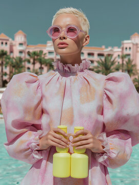 Woman in a pink puff sleeve dress holding yellow binoculars by a pool. Perfect for colorful fashion campaigns, resort advertising, and playful eyewear editorials.