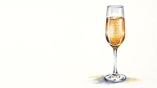 Elegant Champagne Glass with Golden Sparkling Wine. Realistic Watercolor Illustration of Bubbly Alcoholic Beverage. White Background. Copy Space. Party Celebration Drink Concept.