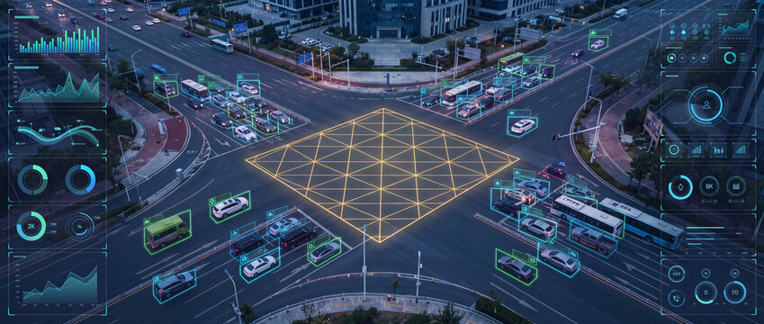Traffic monitoring interface on city intersection with autonomous vehicle tracking, digital telemetry hud data, and smart city infrastructure for intelligent transport systems